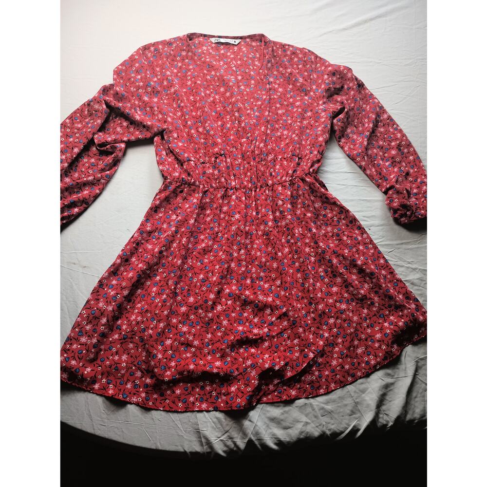 Zara Floral Cottage Core Red‎ Mini Dress Long sleeve Women Small V-Neck
